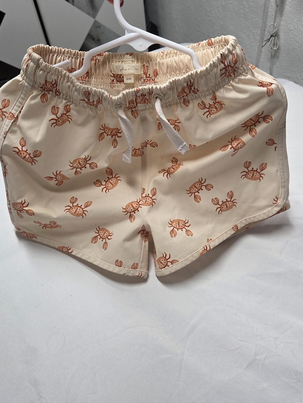 Rylee + Cru Cream Swim Shorts with Rust Crab Print Unisex